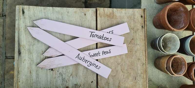 Wooden Plant Labels painted in Old Rose