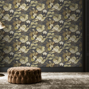 Waterlily Ebony floral wallpaper roomset