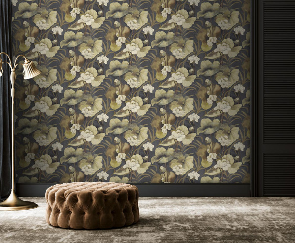 Waterlily Ebony floral wallpaper roomset