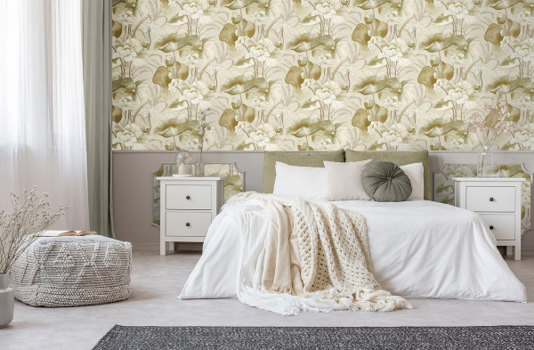 Waterlily Gold floral wallpaper roomset