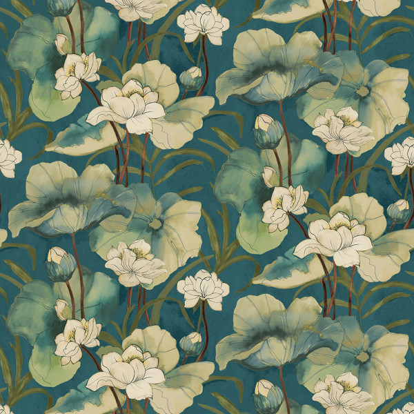 Waterlily Petrol floral wallpaper