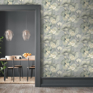 Waterlily Silver floral wallpaper roomset