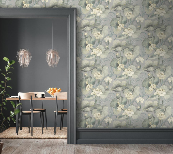 Waterlily Silver floral wallpaper roomset