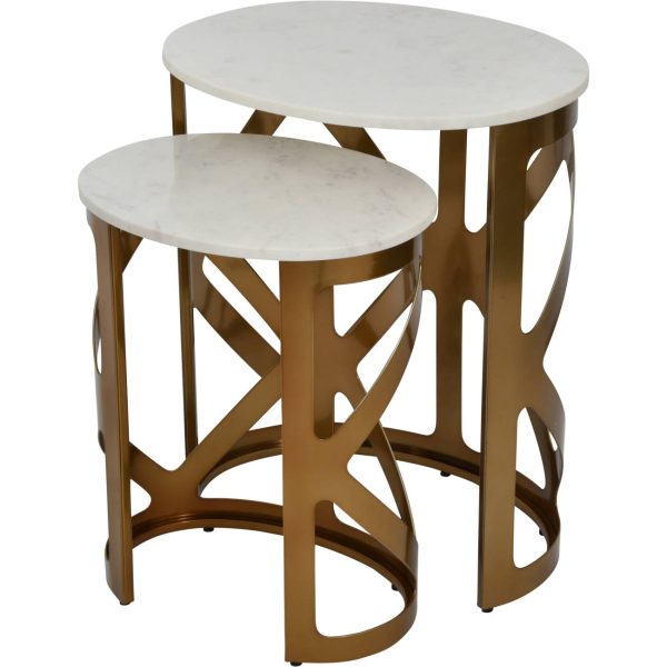 Metropolitan Set of 2 Side Tables Satin Bronze Finish with Off-White Marble